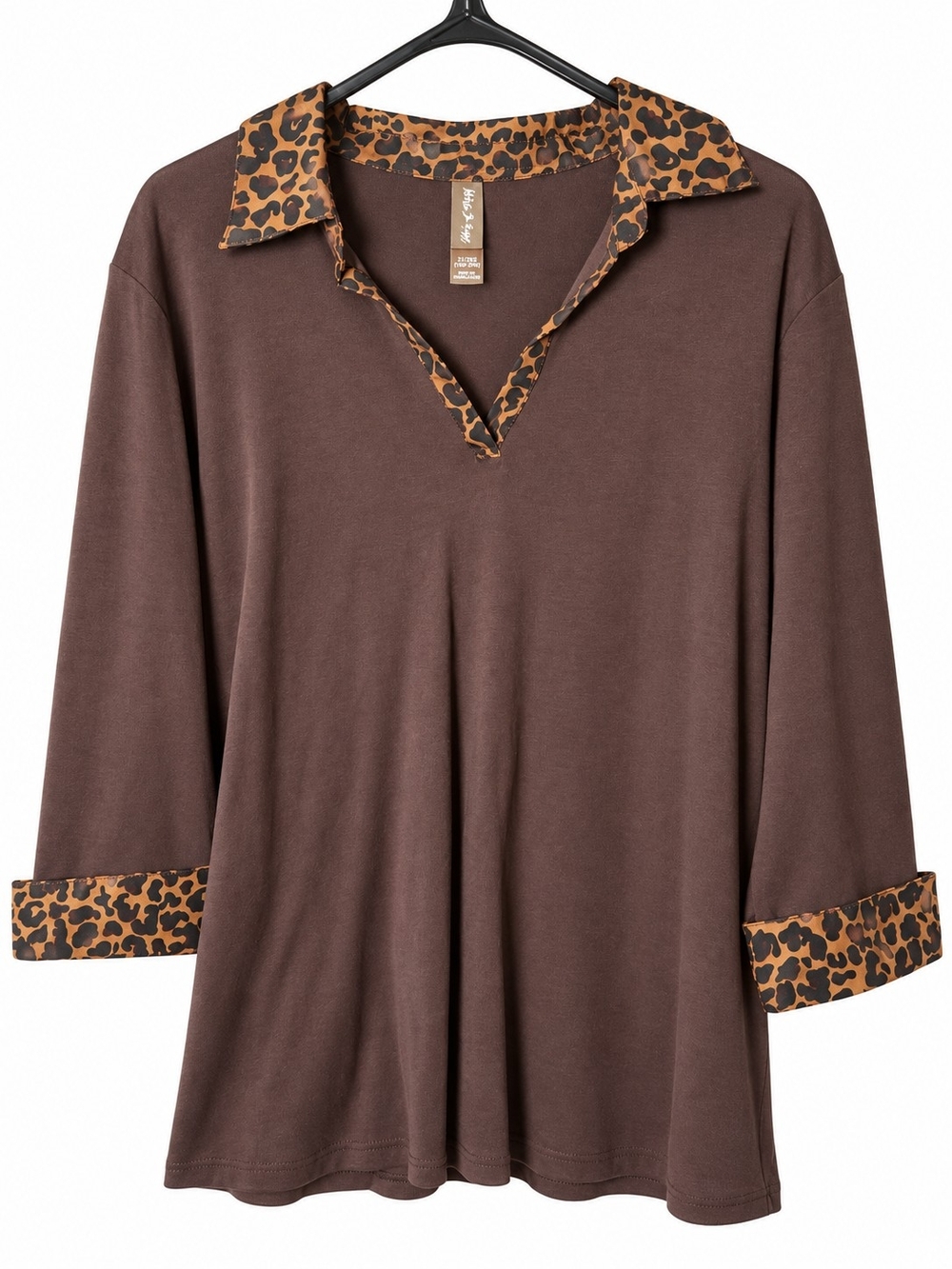 White Stag Brown Long-Sleeve Top with Leopard-Print Trim
